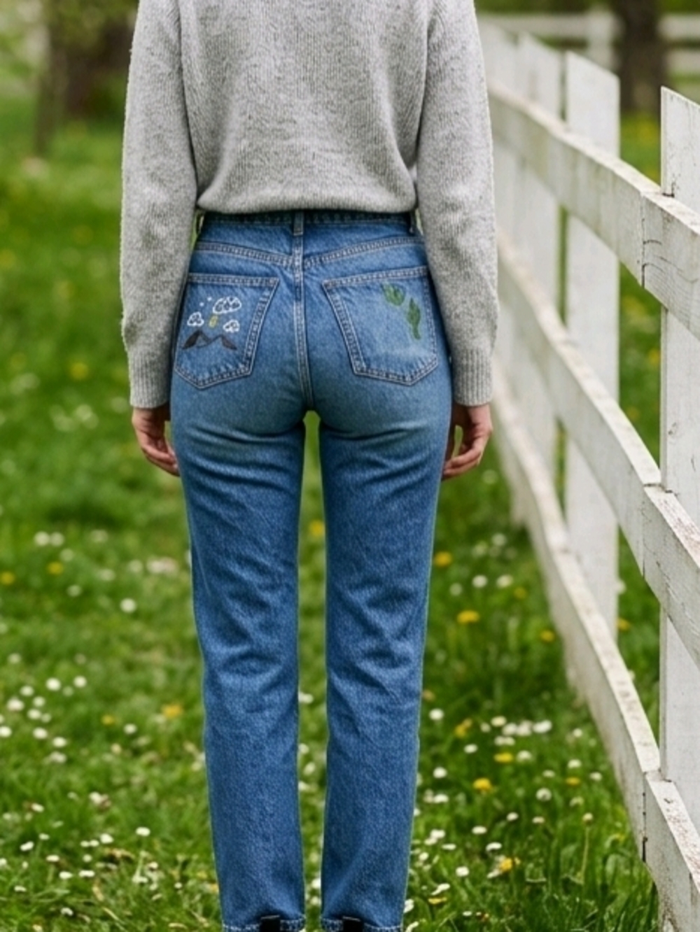 Reformation Blue Straight-Leg Jeans with Yellow & Green Embroidery Juno Size 31 - Picture 3 of 16